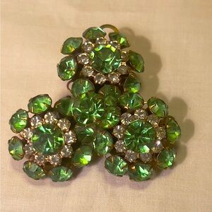 Vintage Mid-Century Green & Clear Rhinestone Brooch/Pendant w/ C-Clasp